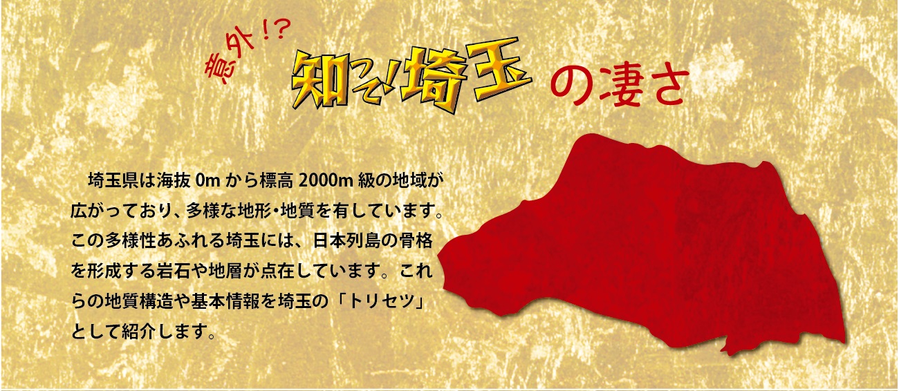 意外！？知って！埼玉の凄さ。埼玉県は海抜ゼロメートルから標高二千メートル級の地域が広がっており、多様な地形、地質を有しています。この多様性あふれる埼玉には、日本列島の骨格を形成する岩石や地層が点在しています。これらの地質構造や基本情報を埼玉のトリセツとして紹介します。